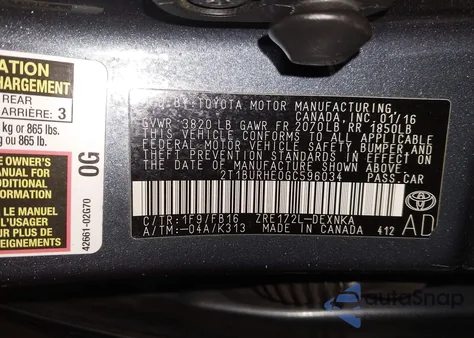 2016 Toyota Corolla Le from USA, damaged, VIN 2T1BURHE0GC596034